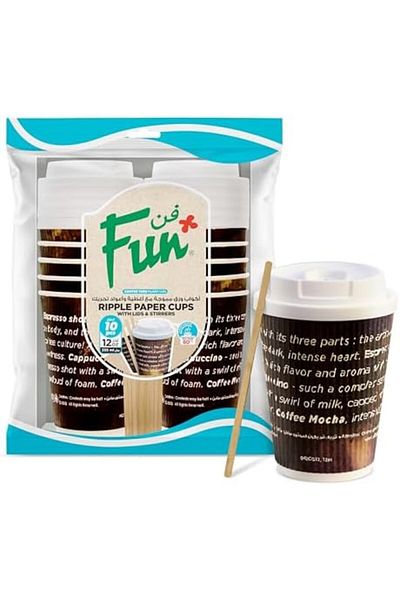 Fun Coffee Time Ruffles Paper Cup 12Oz With Lid And Stirrer - Pack Of 10