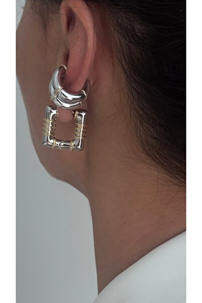 Vi store Çelik Çizgili Kare Küpe