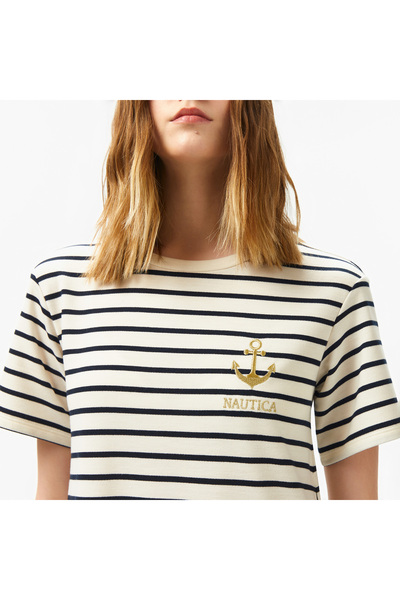 Nautica Kadın Beyaz Regular Fit Çizgili Elbise