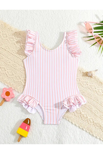MODA Kız Çocuk Pembe Beyaz Çizgili Fırfırlı Mayo – Sevimli Yazlık Tek Parça Y...