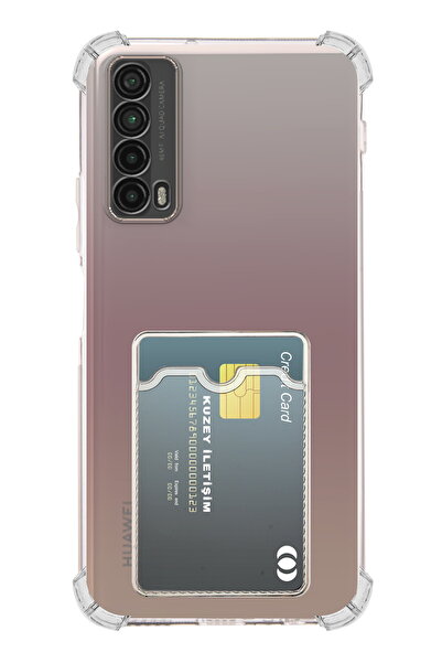 Huawei P Smart 2021 Kapak ile Uyumlu Kartlıklı Darbe Emici Özellikli Şeffaf Silikon Kılıf