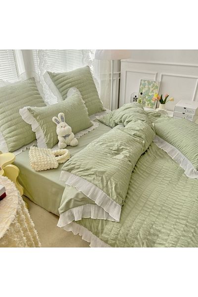 JOJO HOME Double Bed Crinkled Cotton Bedding Set, Premium, 6 Pieces, Green, 230 x 250 cm