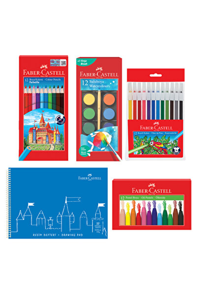 Faber Castell Painting Set and 25X35 Painting Notebook – with Water, Pastel, Felt, Dry Paint (Mixed Colors Sent)