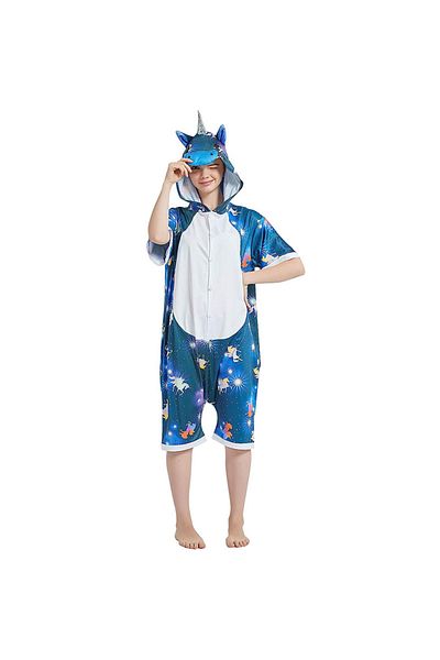 zzz sleep good sleeping !!! Short jumpsuit pajamas, blue unicorn pattern, horse print, KIGURUMI