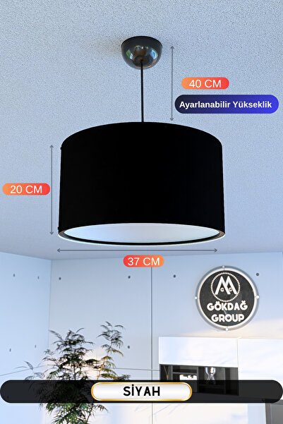 GÖKDAĞ GROUP Siyah Kumaş Başlıklı Sarkıt Avize 37 CM Mega Boy