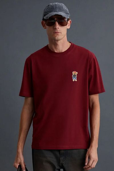CNT Tricou oversize pentru bărbați cu decolteu 100% bumbac, model confortabil, cu detaliu ursuleț de pluș - tricou de bază zilnic
