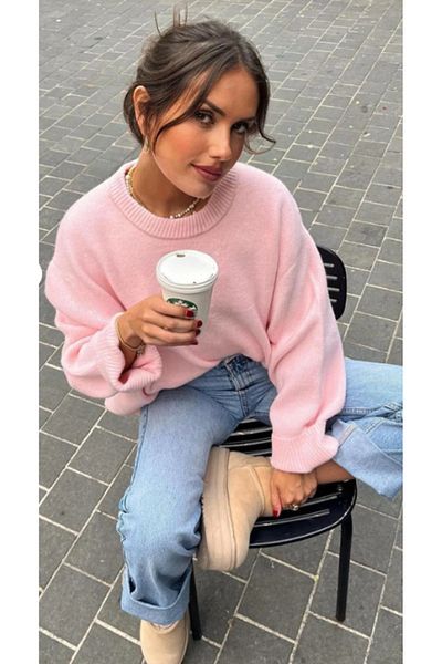 STF MODA Women's Pink Oversize Knitwear Sweater - Soft Textured Crew Neck