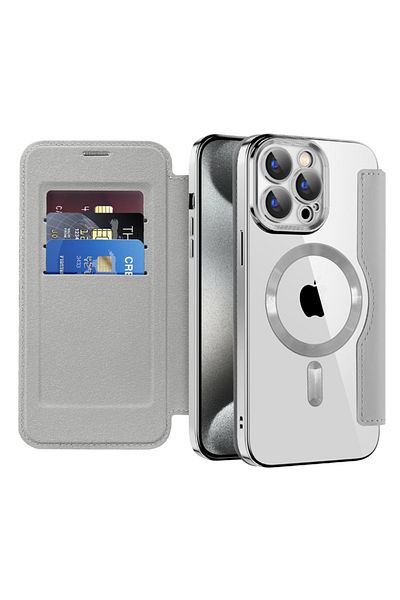 SKYDDAR INNOVATION Case for iPhone 15 Pro Max, SmartMag Book, Magsafe, RFiD, Card Holder, sticker set, Gray