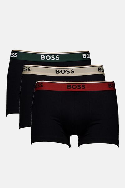 BOSS , Set de boxeri cu banda logo in talie - 3 perechi, Negru, Verde padure, S