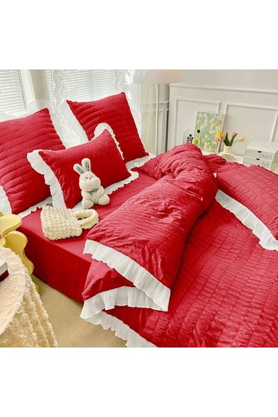 JOJO HOME Lenjerie creponata de pat dublu, finet, 6 piese, CRP-8, rosu, 230 x 250