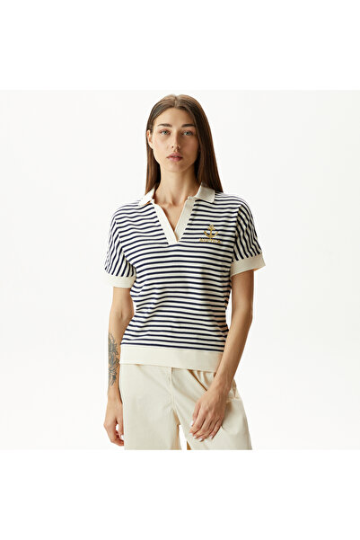 Nautica Kadın Lacivert Slim Fit Çizgili Polo Yaka T-Shirt