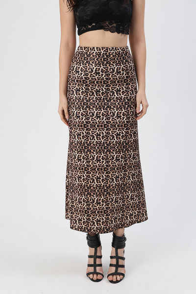 LUFES Polenista Leopar Desenli Likralı Beli Lastikli Dalgıç Kumaş Etek Maxi Boy
