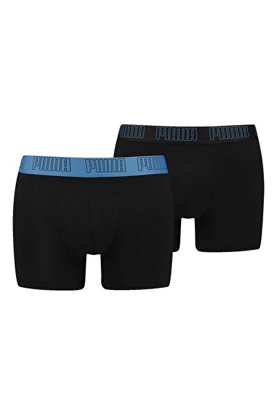 Puma , Set de boxeri cu banda logo in talie - 2 perechi, Negru, Albastru deschis prafuit, L