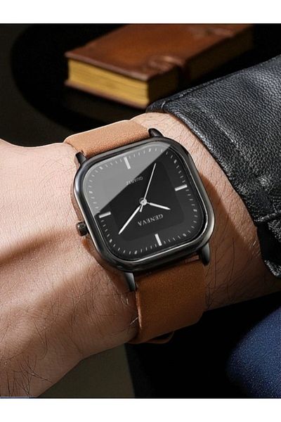 Feronnucci Men's Black Leather Band Square Analog Wrist Watch St-609
