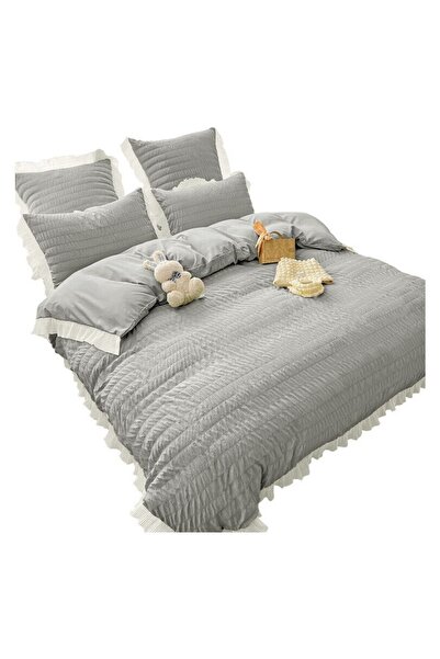 OEM Creponated Double Bed Linen, Cotton 6-Piece Set for 2 People, Grey