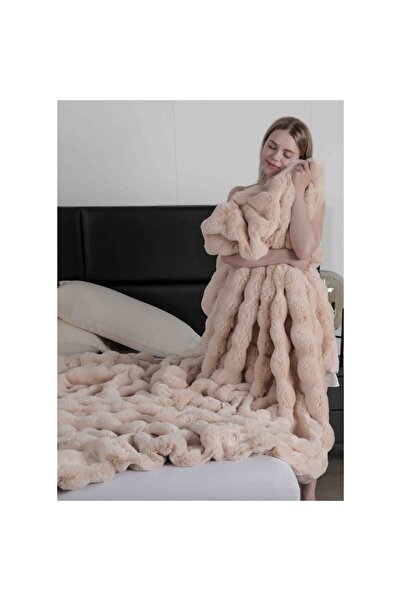 OEM Luxury Double Bed Blanket with Zipper, Artificial Rabbit Fur, Beige, 200x230cm