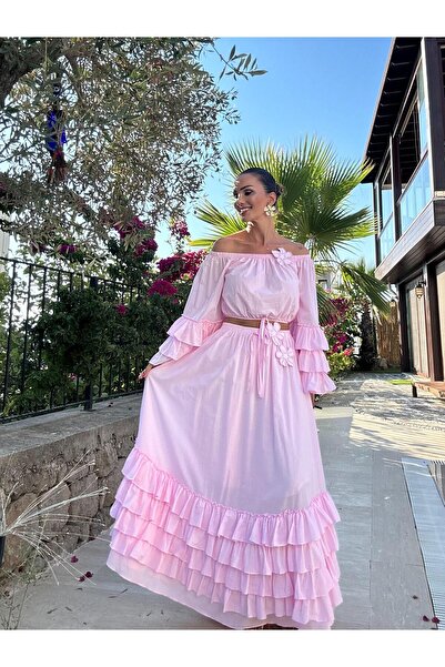 Atelier Derin Pink Floral Brooch Skirt Blouse Set