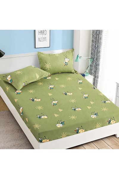 JOJO HOME Single bed cover set with elastic and 2 pillowcases, finet, H1-2, green, 90 x 200