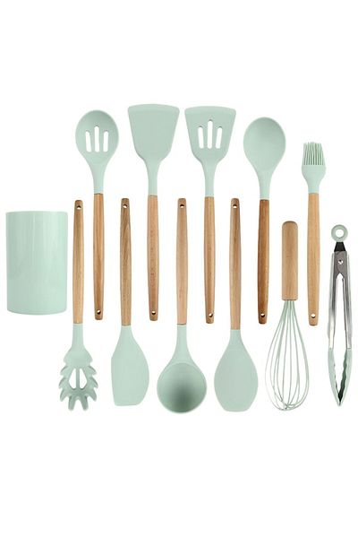 OEM Set ustensile bucatarie, 12 piese, Lemn si Silicon Alimentar, Termorezistente, Antiaderente, Suport,