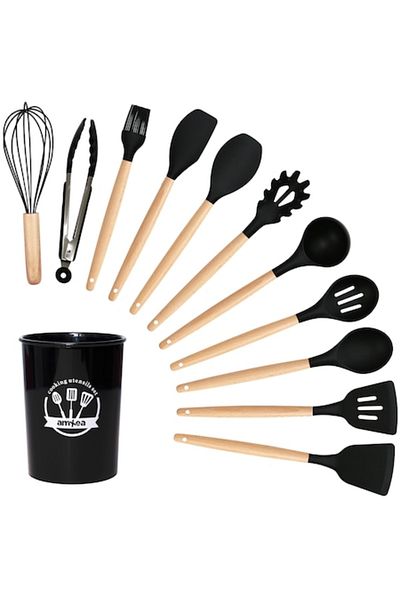 amXea Set 12 kitchen utensils Black, heat-resistant silicone with wooden handle