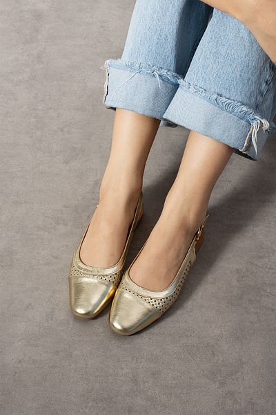 CUCA Genuine Leather Print Detail Back Open Elastic Buckle Daily Women's Ballerinas