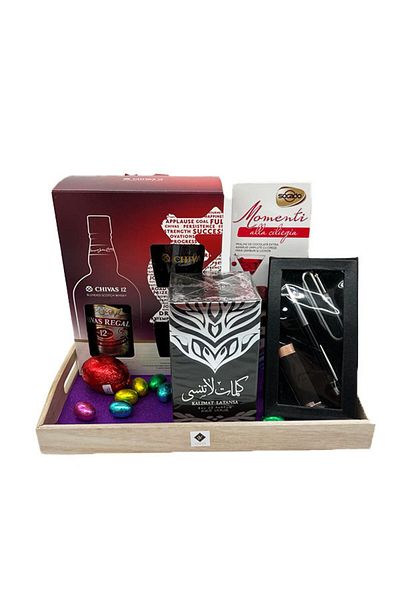 HIRIS SET Stars Gift Set – Chivas Regal 12YO + Kalimat Latansa Perfume + Knife Set + Pralines + Chocolate Eggs