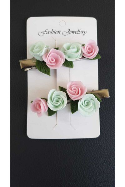PUREYSMA Mint Green & Pink Rose Detailed Handmade Set of 2 Hair Clips |   Stylish Buckle Set with Metal Clip