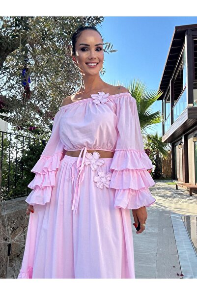 Atelier Derin Pink Floral Brooch Skirt Blouse Set