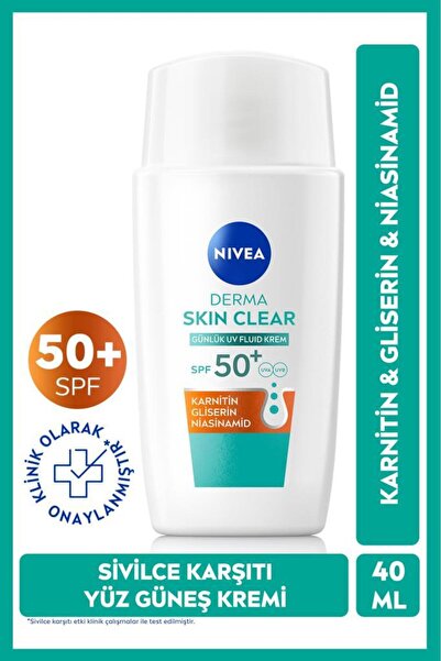 NIVEA SPF50 Derma Skin Clear Sivilce Karşıtı Güneş Koruyucu Yüz Krem 40ml,Matlaştırıcı,Niasinamid,Karnitin