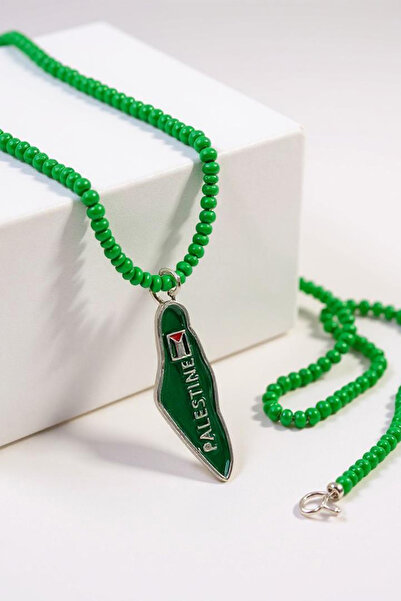 Zaytoon Green Necklace, Handmade with Green Beads Map of Palestine, Unisex Ne...