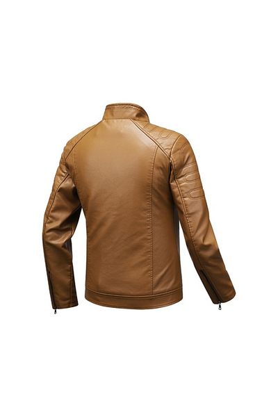 AyShop Warm Brown Leather Jacket with Collar Padded Fur Inside