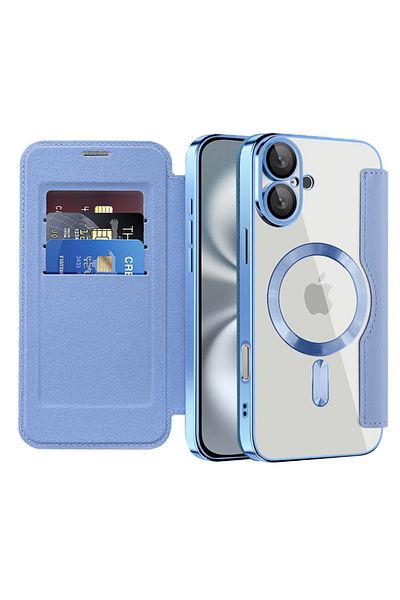 SKYDDAR INNOVATION Husă pentru iPhone 16, SmartMag Book, Magsafe, RFiD, suport pentru card, set de autocolante, albastră