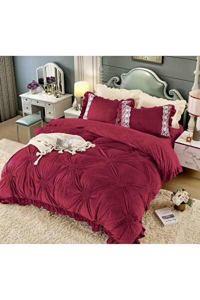 OEM Luxury 4-Piece Velvet Bedding Set with Embroidered Hearts, MS STAR, RED