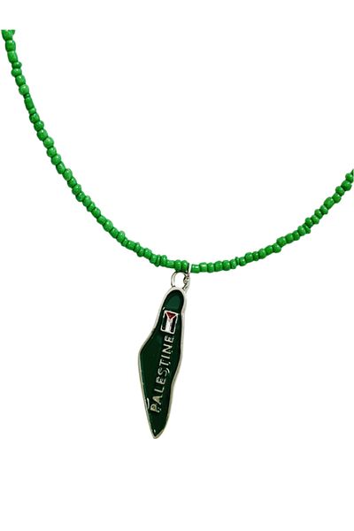 Zaytoon Green Beaded Handmade Palestine Map Unisex Palestine Necklace 40 cm J300008