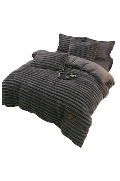 OEM Double Bed Linen with Elastic Artificial Rabbit Fur Velvet, 4 Pieces, MS STAR, Dark Gray
