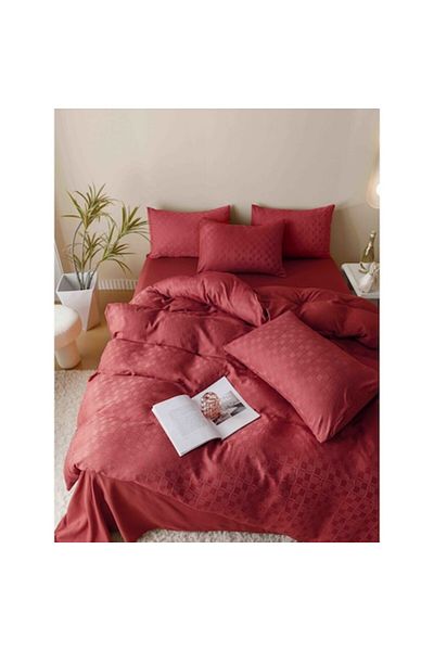JOJO HOME Set Lenjerie de pat, Jojo Home, JQF3, bumbac jacquard finet premium, uni, 2 persoane, 6 piese, rosu