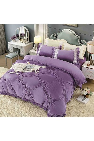 OEM Luxury Bed Linen Set 4 Pieces Velvet with Embroidered Hearts, MS STAR, Dark Purple