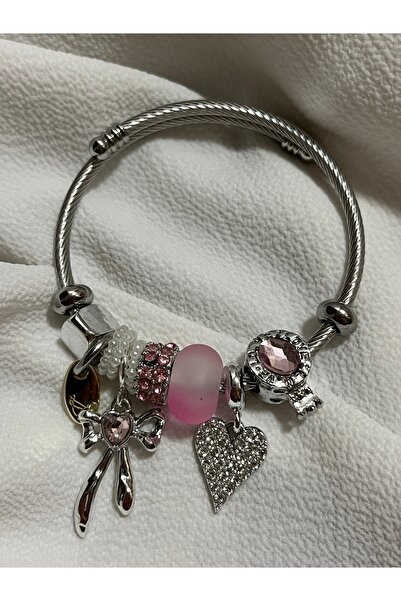 Çelik Lucky Store Pembe Boncuklu Kalp Detaylı Gümüş Rengi Charm Bileklik