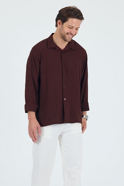 Trn JNS Мъжка риза Itally Coffee Summer Aerobin Linen с текстурирана кройка и удобна кройка Oversize