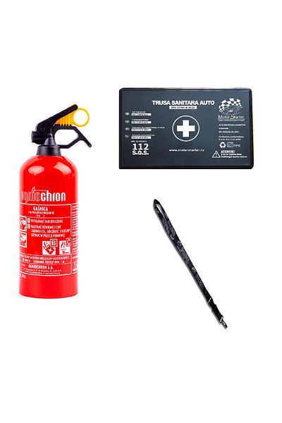 motor starter Kit siguranta auto valabilitate 5 ani, Trusa medicala, Stingator cu pulbere, Breloc Motor Starter