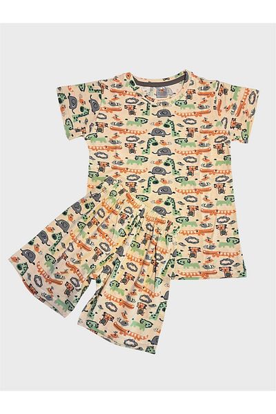 elmas kids Boys' 100% Cotton Beige Safari Patterned Short Sleeve Shorts Summer Pajama Set