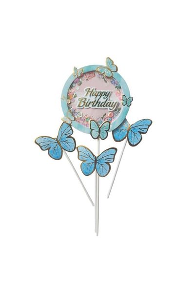 parti sürprizi Blue Gold Butterfly Happy Birthday Cake Toothpick Set