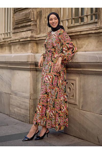 SAHRA BUTİK Flower Patterned Viscosse Dress - Black - Sahra Buti̇k