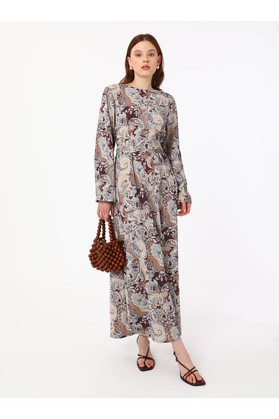 Refka Shawl Patterned Hijab Dress with Tie Detail - Blue Beige -