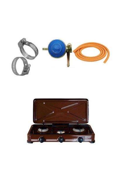 Zilan Three-burner stove, 58 x 29 x 10 cm, Brown, 2 m gas hose, Bottle gauge, 2 x Clamps