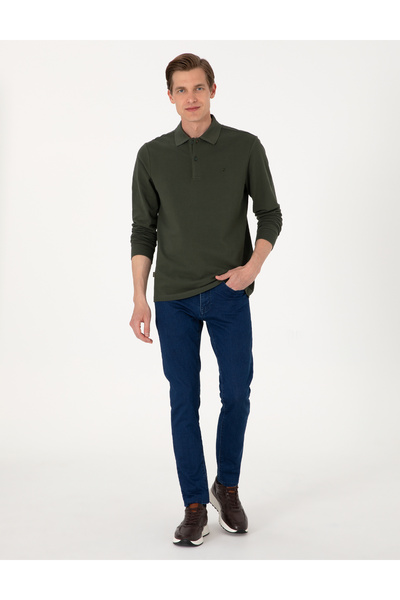Pierre Cardin Koyu Yeşil Slim Fit Kıvrılmaz Polo Yaka Basic Pike Sweatshirt 50314048-VR079