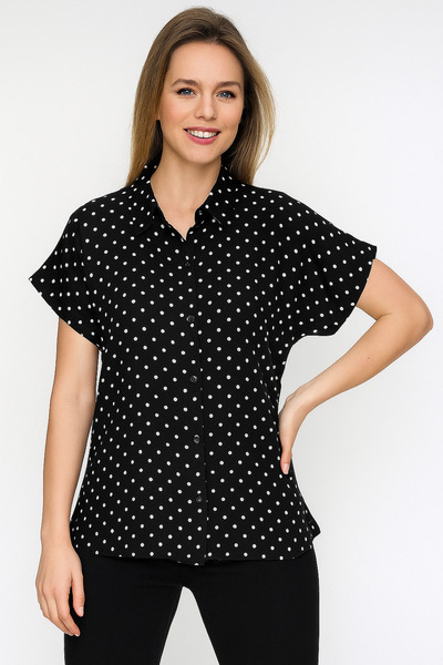 SheLoria Kadın Siyah Beyaz Puanlı Viskon Yarasa Gömlek