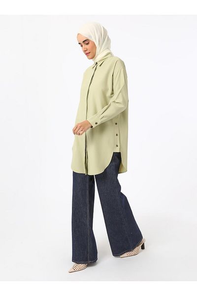 Refka Button Detailed Poplin Tunic - Green -