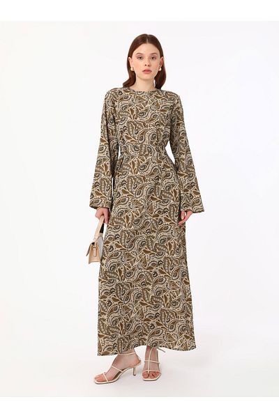 Refka Soft Textured Shawl Patterned Hijab Dress with Lacing Detail -