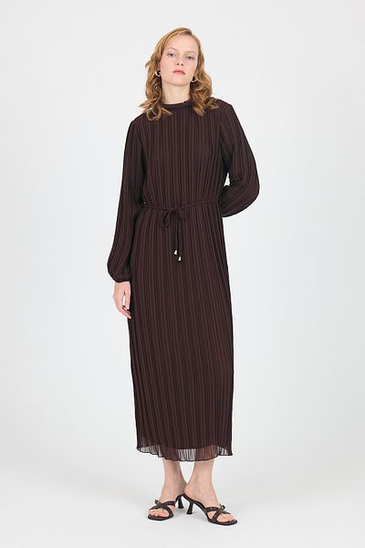 Rays Coffee Chiffon Long Sleeve Pleated Waist Tie Midi Dress 020